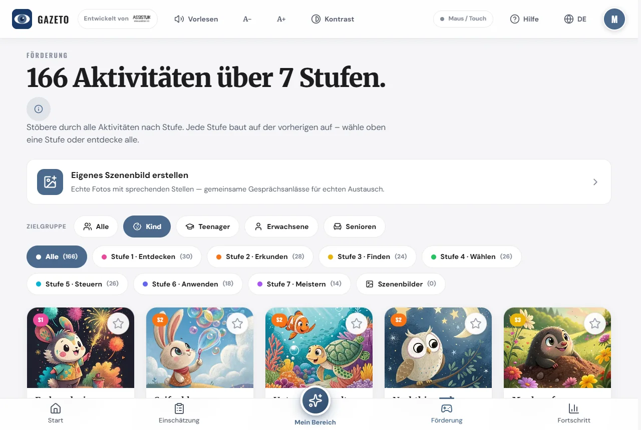 Aktivitätenliste mit Zielgruppen-Leiste, Stufen-Chips und Aktivitäts-Kacheln