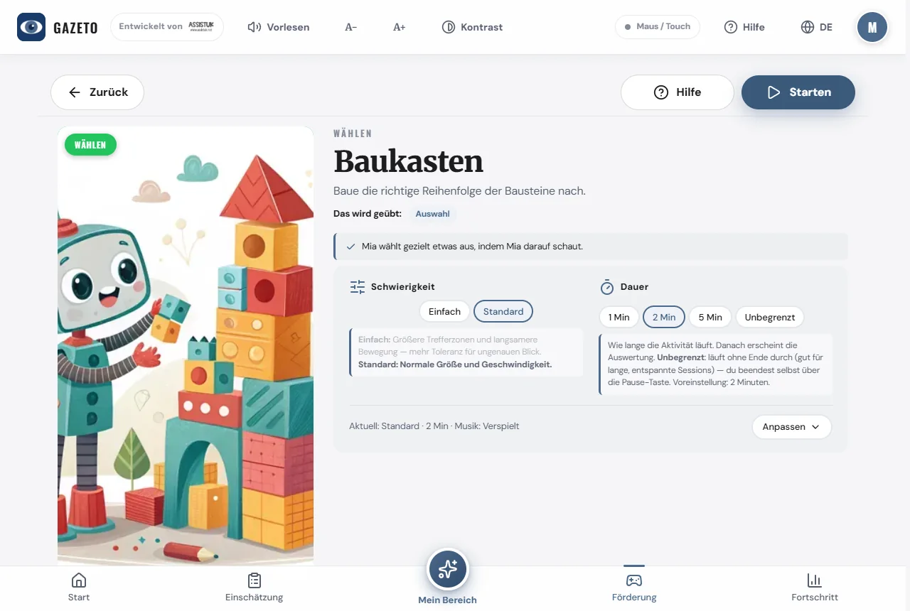Aktivitäts-Detailseite mit Einstellungen und großem Start-Knopf