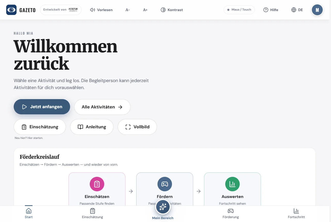 Startbildschirm mit Begrüßung, „Jetzt anfangen