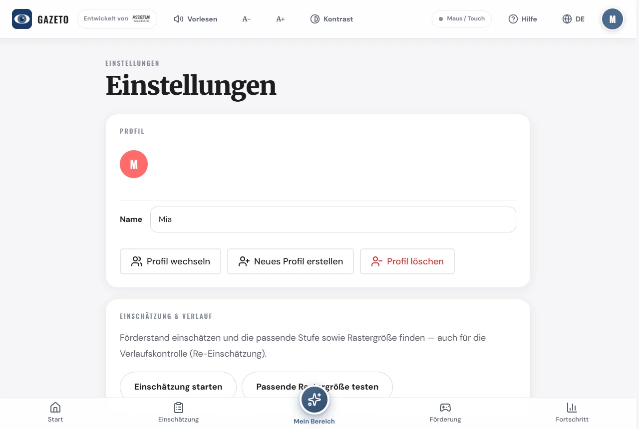 Einstellungen mit Eingabemethode, Dwell-Zeit-Regler und Cursor-Optionen