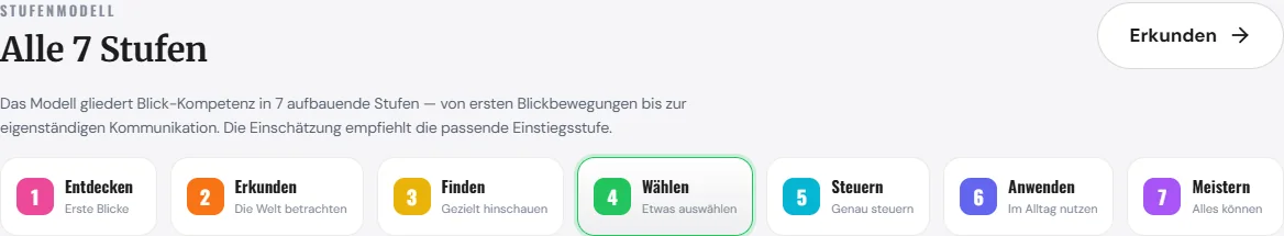 Stufen-Übersicht mit den 7 farbigen Stufen-Karten